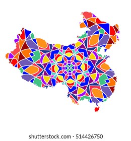 The colorful ethnic map the mosaic of the continent and the mainland of China. Mandala. Abstract postcard and pattern. Vector illustration on white background