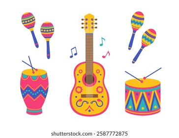 Colorful ethnic musical instrument set with guitar, drum, drumsticks, conga, maracas and notes. Latin music festival, brazil carnival collection. Vector flat illustration isolated on white background