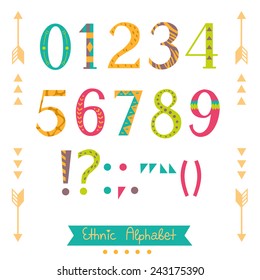 Colorful ethnic numbers, symbols and punctuation marks.  Hand drawn  isolated alphabet. Nice font for your design. Vector.