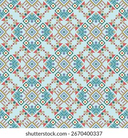 Colorful ethnic on green pattern for fabric and background, seamless background.
