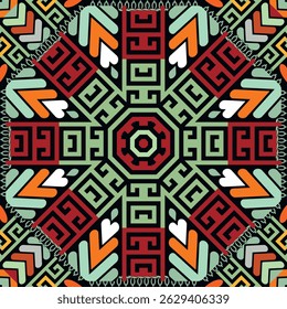 Colorful ethnic ornamental mandala pattern with Greek key meanders, arrows, zigzag, frames and geometric tribal motifs in red, orange, mint and black. Symmetrical folk art style endless vector design.