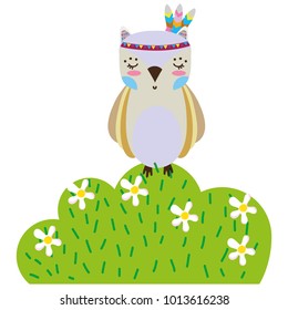 colorful ethnic owl animal in bursh with flowers