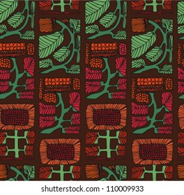 Colorful ethnic pattern with flowers and leafs. Endless vector background with ornamental Native American elements. Sunflowers. Hand drawn stylish texture for prints, covers, clothes, postcards,