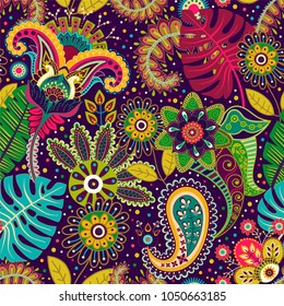 Colorful ethnic pattern. Ornamental vector wallpaper, indian style