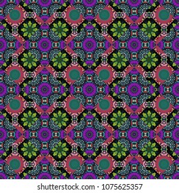 Colorful ethnic patterned background in black, green and blue colors. Arabesque vector ornament. Old ceramic tile wall seamless pattern texture.