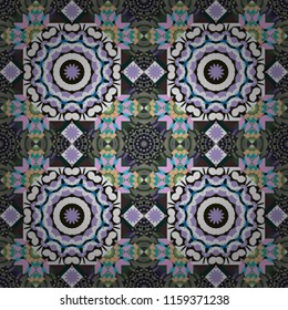 Colorful ethnic patterned background in black, white and gray colors. Arabesque vector ornament. Old ceramic tile wall seamless pattern texture.