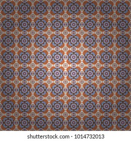 Colorful ethnic patterned background in blue, gray and orange colors. Arabesque vector ornament. Old ceramic tile wall seamless pattern texture.