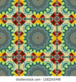 Colorful ethnic patterned background in blue, brown and green colors. Arabesque vector ornament. Old ceramic tile wall seamless pattern texture.