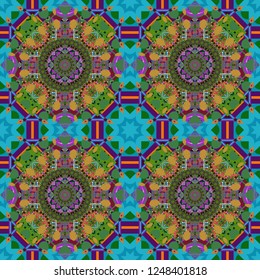 Colorful ethnic patterned background in blue, purple and green colors. Bed sheets and interior. Gift wrapping paper. Seamless abstract vector geometric pattern. Symmetrical layout.