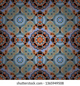 Colorful ethnic patterned background in blue, beige and gray colors. Symmetrical layout. Seamless abstract vector geometric pattern. Bed sheets and interior. Gift wrapping paper.