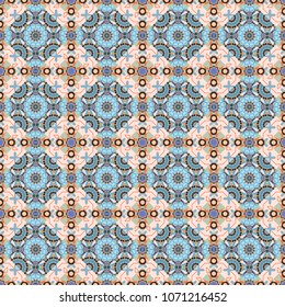 Colorful ethnic patterned background in brown, gray and blue colors. Arabesque vector ornament. Old ceramic tile wall seamless pattern texture.