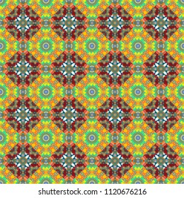 Colorful ethnic patterned background in brown, blue and pink colors. Arabesque ornament. Old ceramic tile wall seamless pattern texture.