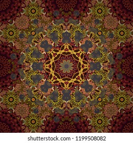Colorful ethnic patterned background in brown, yellow and gray colors. Arabesque vector ornament. Old ceramic tile wall seamless pattern texture.