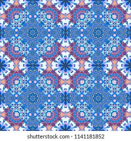 Colorful ethnic patterned background in gray, blue and violet colors. Arabesque vector ornament. Old ceramic tile wall seamless pattern texture.
