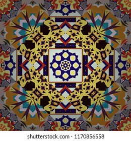 Colorful ethnic patterned background in gray, orange and blue colors. Symmetrical layout. Gift wrapping paper. Bed sheets and interior. Seamless abstract vector geometric pattern.