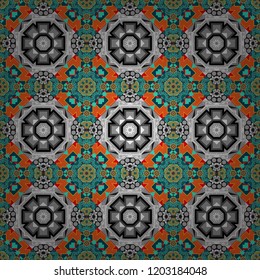 Colorful ethnic patterned background in gray, blue and orange colors. Arabesque vector ornament. Old ceramic tile wall seamless pattern texture.