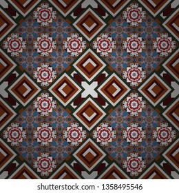 Colorful ethnic patterned background in gray, blue and brown colors. Old ceramic tile wall seamless pattern texture. Arabesque vector ornament.