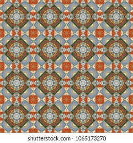 Colorful ethnic patterned background in green, brown and blue colors. Arabesque vector ornament. Old ceramic tile wall seamless pattern texture.