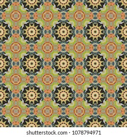 Colorful ethnic patterned background in green, blue and gray colors. Bed sheets and interior. Symmetrical layout. Gift wrapping paper. Seamless abstract vector geometric pattern.