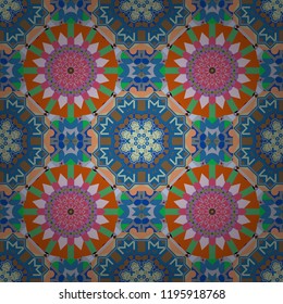 Colorful ethnic patterned background in green, orange and blue colors. Arabesque vector ornament. Old ceramic tile wall seamless pattern texture.
