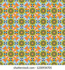 Colorful ethnic patterned background in orange, blue and green colors. Old ceramic tile wall seamless pattern texture. Arabesque vector ornament.