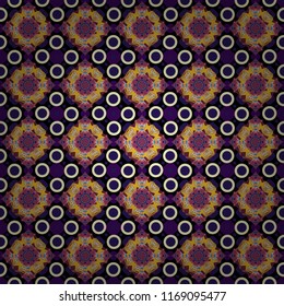 Colorful ethnic patterned background in purple, black and blue colors. Arabesque vector ornament. Old ceramic tile wall seamless pattern texture.