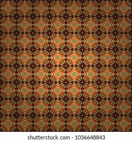 Colorful ethnic patterned background in red, brown and yellow colors. Bed sheets and interior. Seamless abstract vector geometric pattern. Symmetrical layout. Gift wrapping paper.