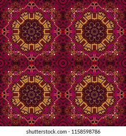 Colorful ethnic patterned background in red, purple and brown colors. Arabesque vector ornament. Old ceramic tile wall seamless pattern texture.