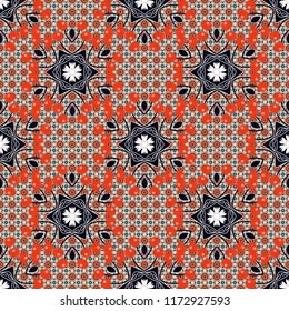 Colorful ethnic patterned background in red, black and orange colors. Arabesque vector ornament. Old ceramic tile wall seamless pattern texture.