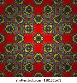 Colorful ethnic patterned background in red, yellow and blue colors. Seamless abstract vector geometric pattern. Bed sheets and interior. Gift wrapping paper. Symmetrical layout.