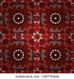 Colorful ethnic patterned background in red, white and brown colors. Symmetrical layout. Gift wrapping paper. Seamless abstract vector geometric pattern. Bed sheets and interior.