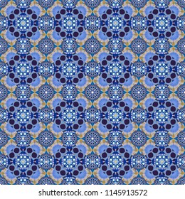 Colorful ethnic patterned background in violet, blue and gray colors. Bed sheets and interior. Seamless abstract vector geometric pattern. Symmetrical layout. Gift wrapping paper.