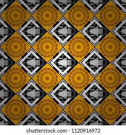 Colorful ethnic patterned background in white, black and yellow colors. Symmetrical layout. Bed sheets and interior. Seamless abstract vector geometric pattern. Gift wrapping paper.