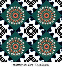 Colorful ethnic patterned background in white, black and blue colors. Arabesque vector ornament. Old ceramic tile wall seamless pattern texture.