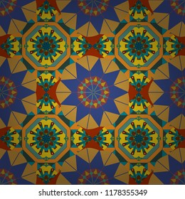 Colorful ethnic patterned background in yellow, violet and blue colors. Arabesque vector ornament. Old ceramic tile wall seamless pattern texture.