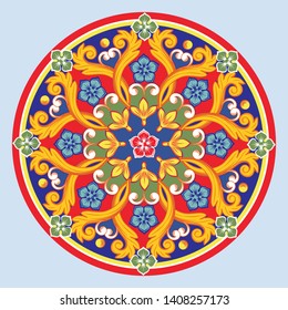 Красочная этническая круглая декоративная мандала. Фон восточный рисунок арабески. Сицилия, стиль дольче и габбана. Векторная иллюстрация.