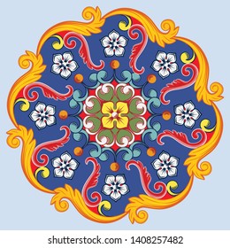 Mandala ornamental colorida en la ronda étnica. Fondo arabesco oriental. Sicilia, estilo dolce y gabbana. Ilustración vectorial.