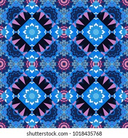 Colorful ethnic seamless background pattern in the style of ceramic tiles. Oriental vector ornament in purple, blue and black colors.
