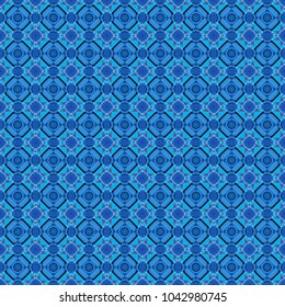 Colorful ethnic seamless background pattern in the style of ceramic tiles. Oriental vector ornament in blue, black and purple colors.