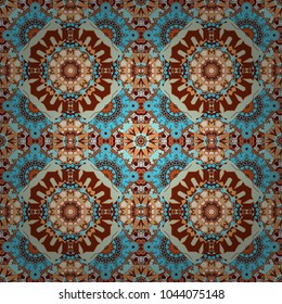 Colorful ethnic seamless background pattern in the style of ceramic tiles. Oriental vector ornament in blue, red and brown colors.