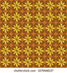 Colorful ethnic seamless background pattern in the style of ceramic tiles. Oriental vector ornament in yellow, orange and brown colors.