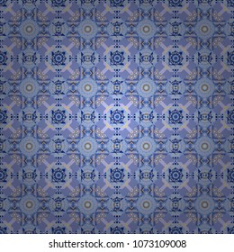 Colorful ethnic seamless background pattern in the style of ceramic tiles. Oriental vector ornament in blue, violet and gray colors.