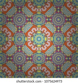 Colorful ethnic seamless background pattern in the style of ceramic tiles. Oriental vector ornament in gray, pink and blue colors.