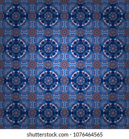 Colorful ethnic seamless background pattern in the style of ceramic tiles. Oriental vector ornament in gray, blue and violet colors.