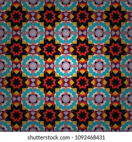 Colorful ethnic seamless background pattern in the style of ceramic tiles. Oriental vector ornament in black, blue and violet colors.