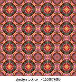 Colorful ethnic seamless background pattern in the style of ceramic tiles. Oriental vector ornament in red, pink and blue colors.
