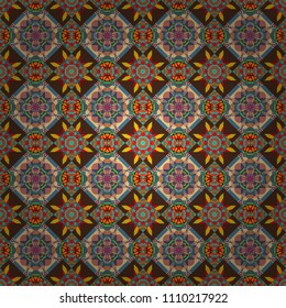 Colorful ethnic seamless background pattern in the style of ceramic tiles. Oriental vector ornament in pink, blue and brown colors.