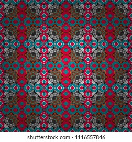 Colorful ethnic seamless background pattern in the style of ceramic tiles. Oriental vector ornament in blue, orange and pink colors.