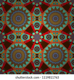 Colorful ethnic seamless background pattern in the style of ceramic tiles. Oriental vector ornament in blue, orange and brown colors.
