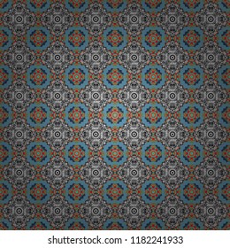 Colorful ethnic seamless background pattern in the style of ceramic tiles. Oriental vector ornament in blue, white and gray colors.